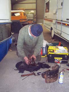 Maurice fettles the brake shoes &copy; J.Wilkins